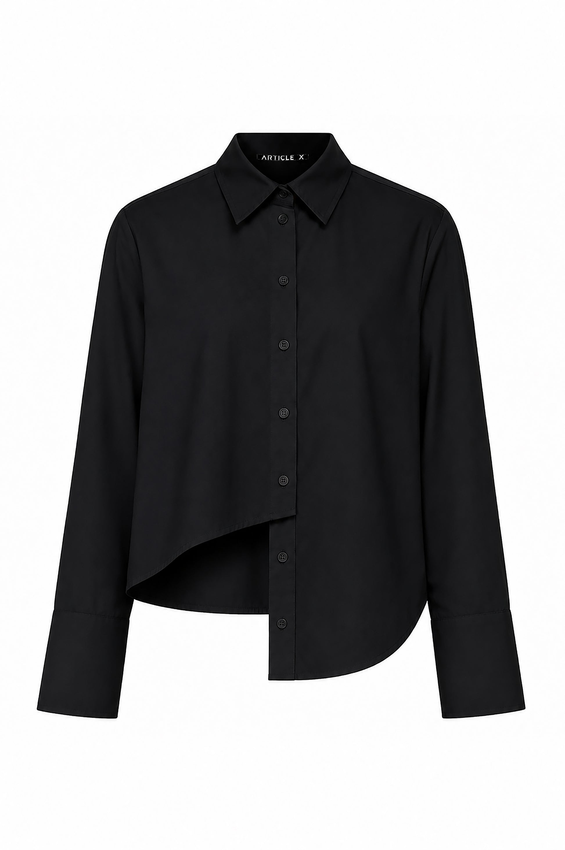 A black long-sleeve button-up shirt with a unique asymmetrical hem and a small white ARTIGLE X logo on the inner collar, displayed on a clean white background.