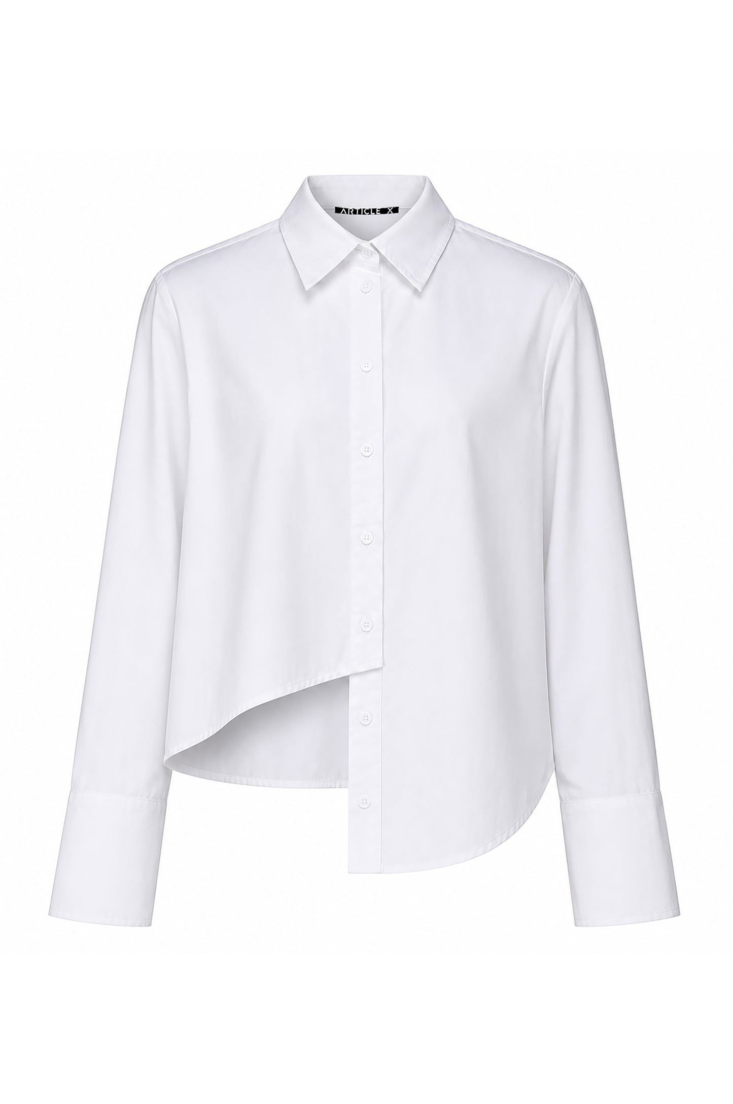 A white long-sleeve button-up shirt with a unique asymmetrical draped hem, displayed on a clean white background.