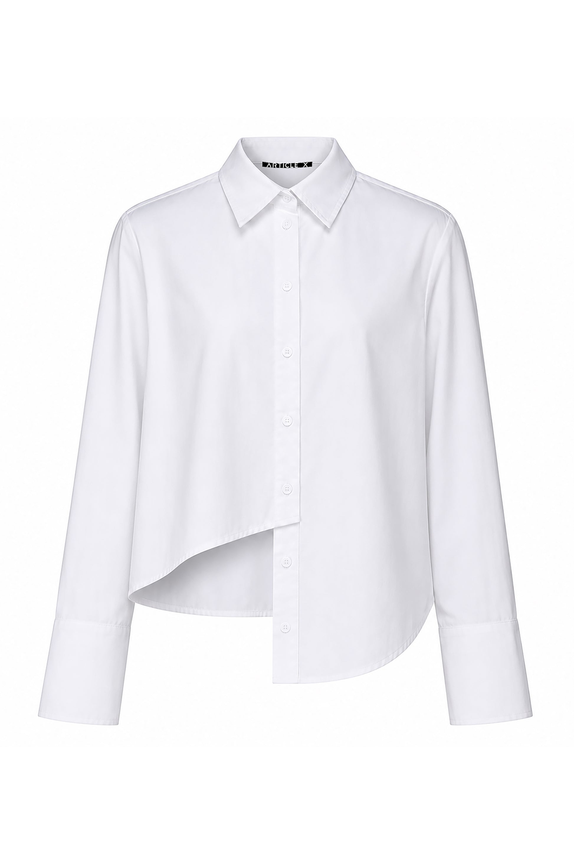 A white long-sleeve button-up shirt with a unique asymmetrical draped hem, displayed on a clean white background.