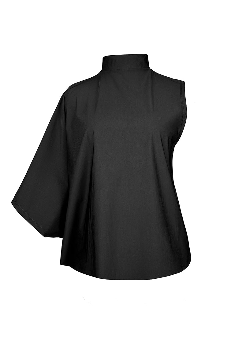 A ghost mannequin image of a black one sleeve mock neck top against a white background.