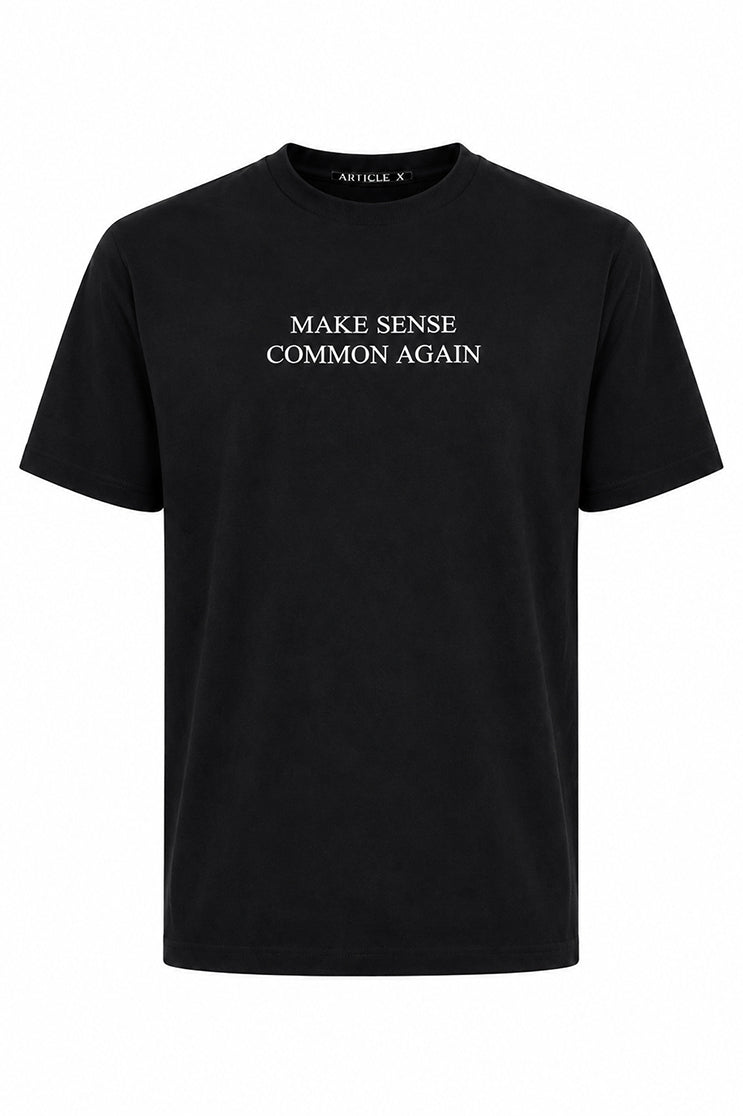 A ghost mannequin image of a black t-shirt that says "Make Sense Common Again" against a white background