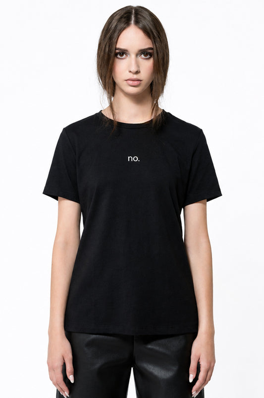 Woman wearing a black t-shirt that says "no." in white
