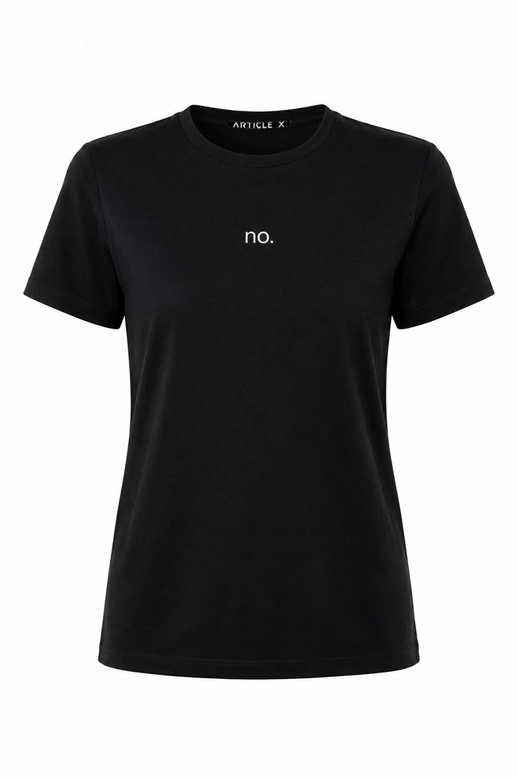 Ghost mannequin image of a black graphic t-shirt that reads "no."