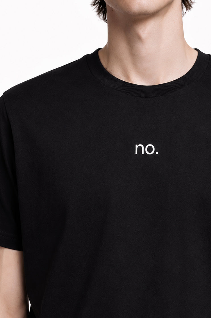 A close up of a man wearing a black t-shirt that says "no." against a white background