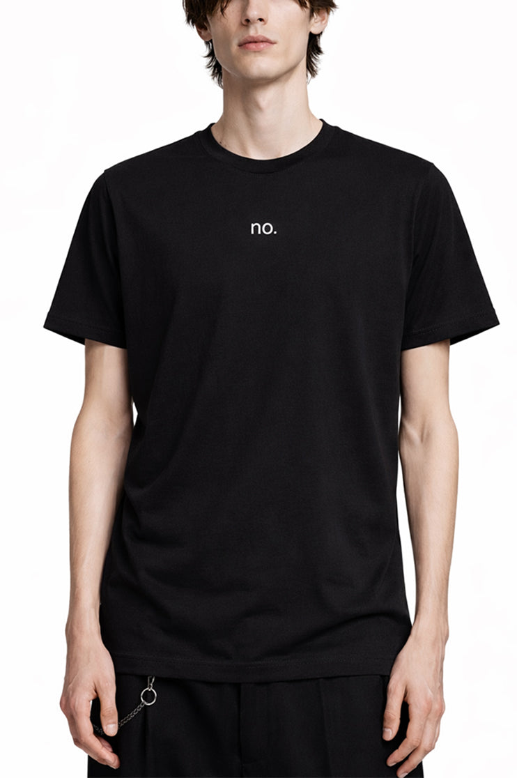 A man wearing a black t-shirt that says "no." against a white background