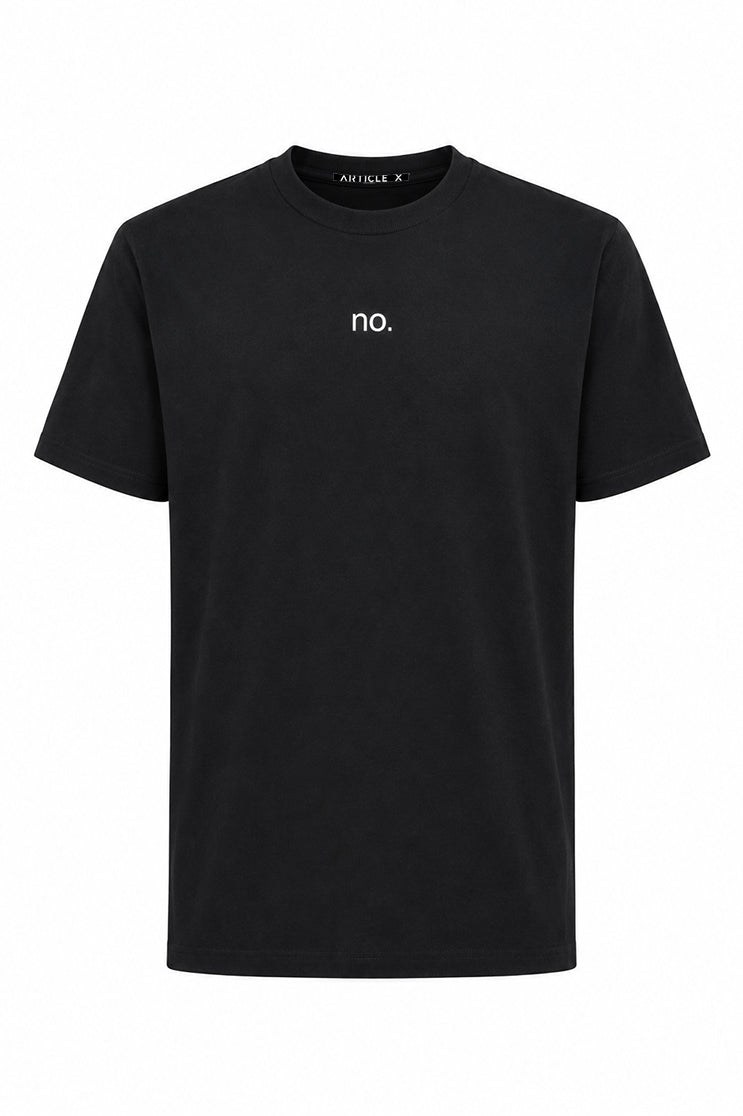 A ghost mannequin image of a black t-shirt that says "no." against a white background