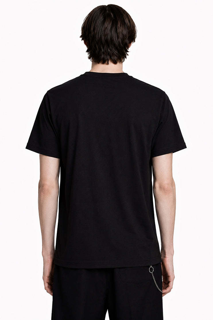 Back view of a man in a black t-shirt